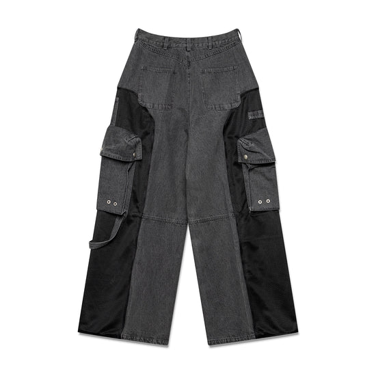 Mesh Combo Cargo Baggie Jeans - Black